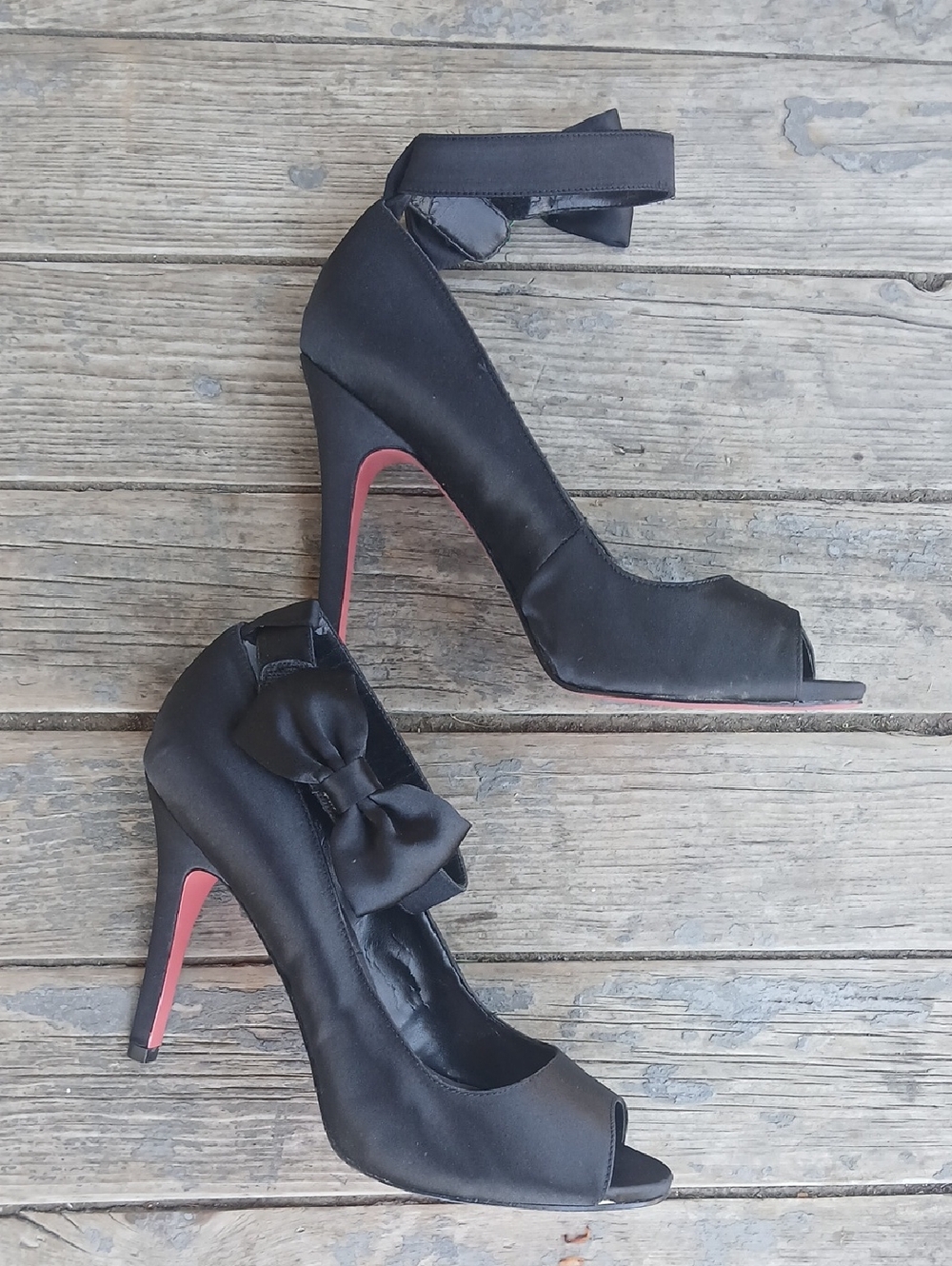 Paris Hilton Black Satin Peep-Toe Ankle Strap Heels with Bow Size 7.5 M